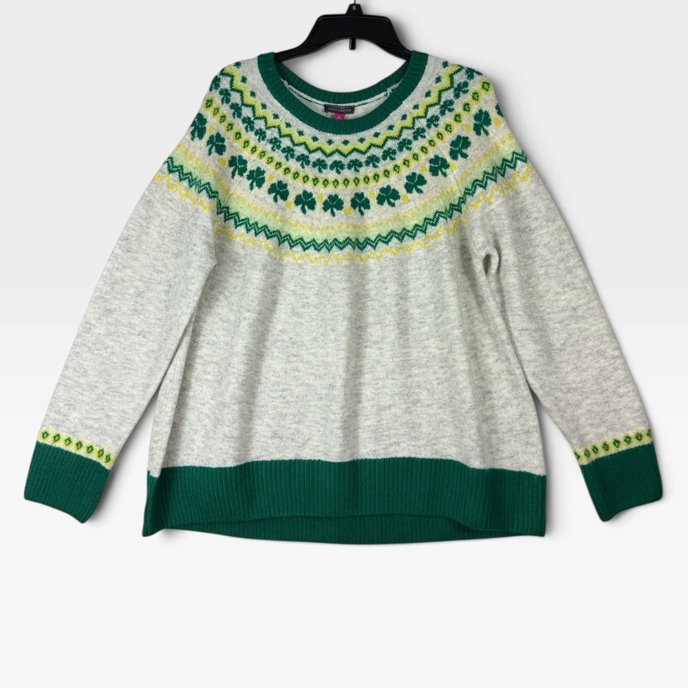 Vince Camuto St Paddy's Sweater Womens XL Grey Green Shamrock Fair Isle NWT